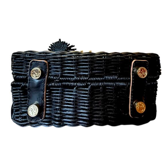 Spartina 449 Black Rattan Box Bag Leather Trim Gold Hardware Top Handle - Picture 14 of 16